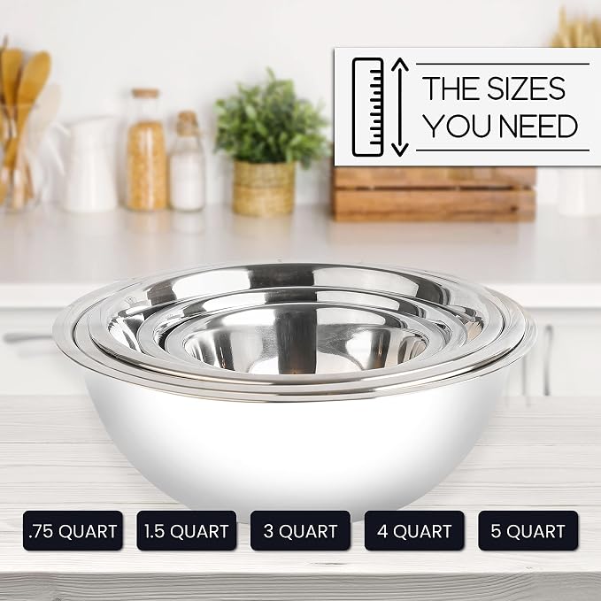 WHYSKO Stainless Steel Mixing Bowls Set, 5-Piece Meal Prep & Food Storage | .75, 1.5, 3, 4 & 5 Quart Metal Mixing Bowls Set for Prep, Serving, Baking & Food Storage, Ecofriendly, Dishwasher Safe, White
