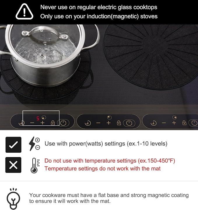 Induction Cooktop Mat - Silicone Fiberglass Scratch Protector - for Magnetic Stove - Non Slip Pads to Prevent Pots from Sliding During Cooking_ Black (6.2inches)