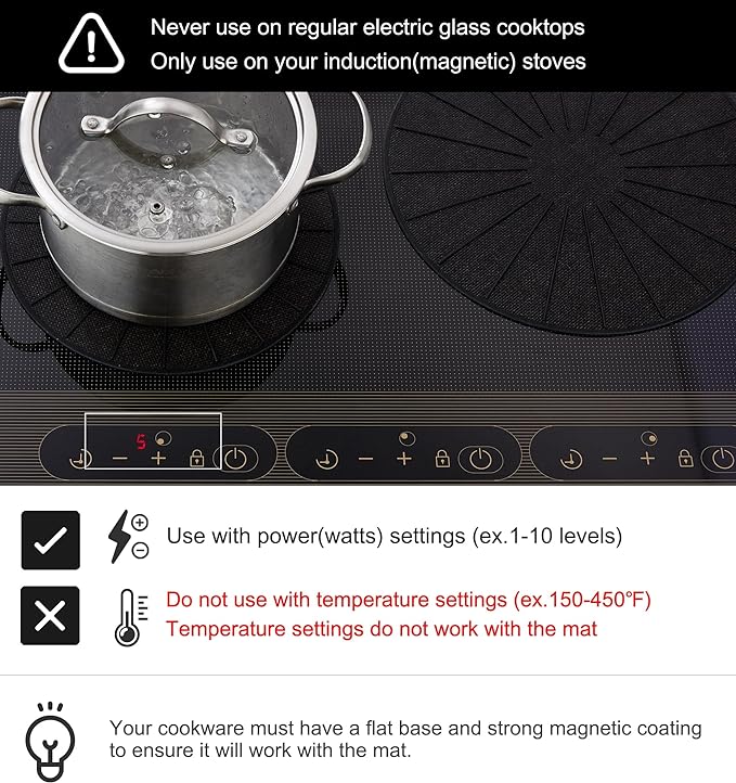 Induction Cooktop Mat - Silicone Fiberglass Scratch Protector - for Magnetic Stove - Non Slip Pads to Prevent Pots from Sliding During Cooking_ Black (9.4inches)