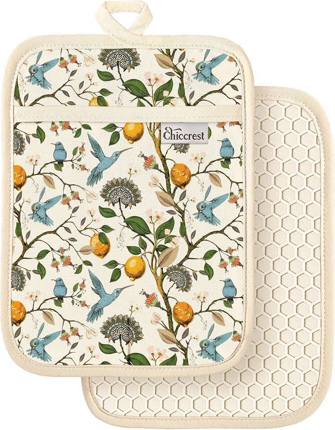 100% Cotton Pot Holders Textured Soft Silicone Lemon & Bird | Stylish Pot Holders 2pcs, Machine Washable Non-Slip Heat Resistant Hot Pads & Oven Mitts 2-in-1, Practical Kitchen Decor