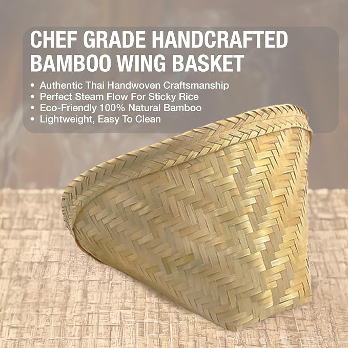 Sticky Rice Essential Starter Set - Includes Steamer Pot, Handcrafted Bamboo Wing Basket, 24” Grade 90 Cheesecloth & 500g. Premium Thai Sticky Rice