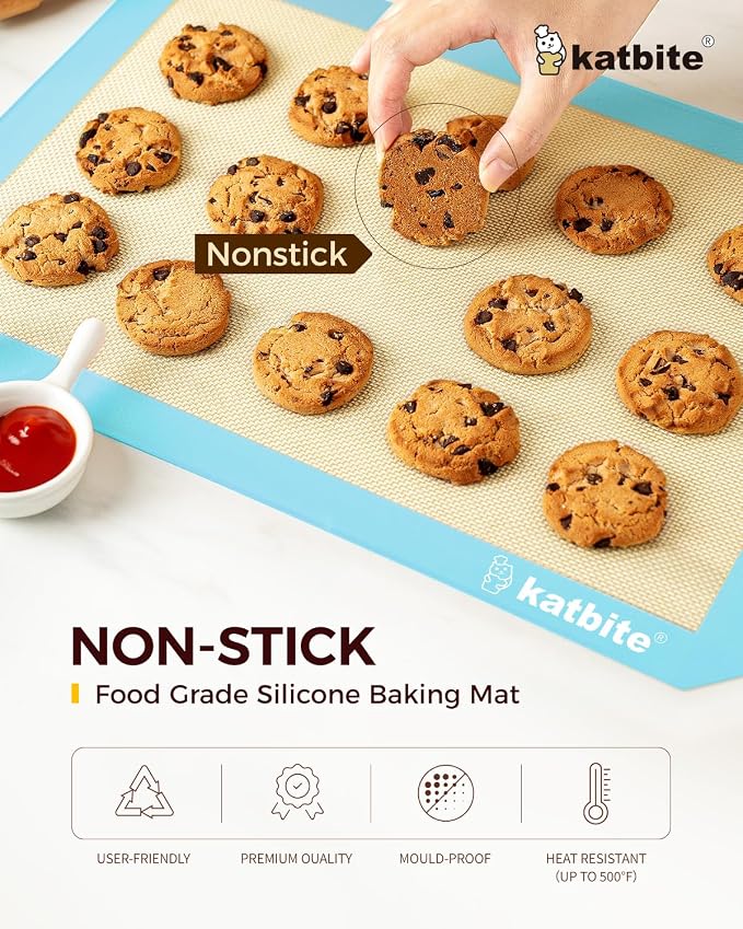 Katbite Silicone Baking Mat Set of 3 Light Blue | 2 Half Sheets Mats + 1 Quarter Baking Sheet, Reusable & Nonstick Bakeware Mats for Cookies, Macarons, Bread