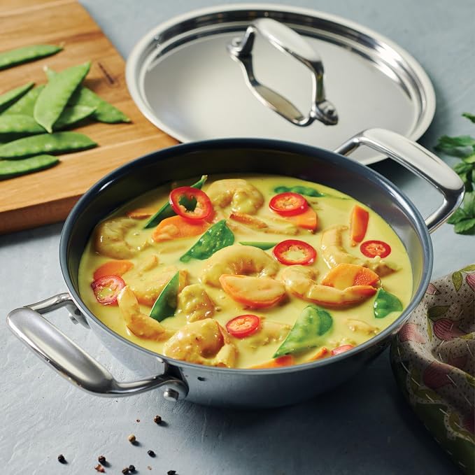 Tramontina Utsava Tri-Ply Clad Stainless Steel 1.8-Quart Kadai with Lid | Ceramic Non Stick Interior, Induction-Ready Small Kadhai Pot for Indian Cooking