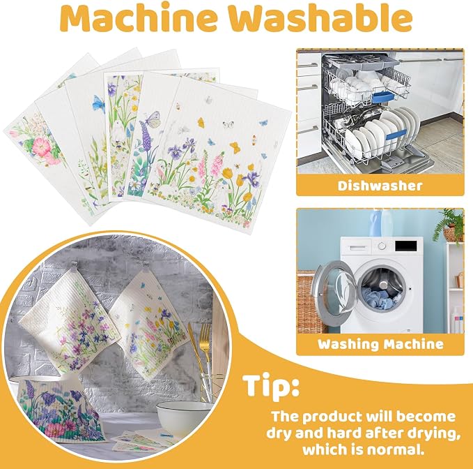 6 Pack Spring Floral Swedish Dishcloths for Kitchen, Absorbent Dish Cloths | Swedish Rags Dish Towels with Adhesive Clips, Reusable Paper Towels No Odor for Cleaning Sink Kitchen
