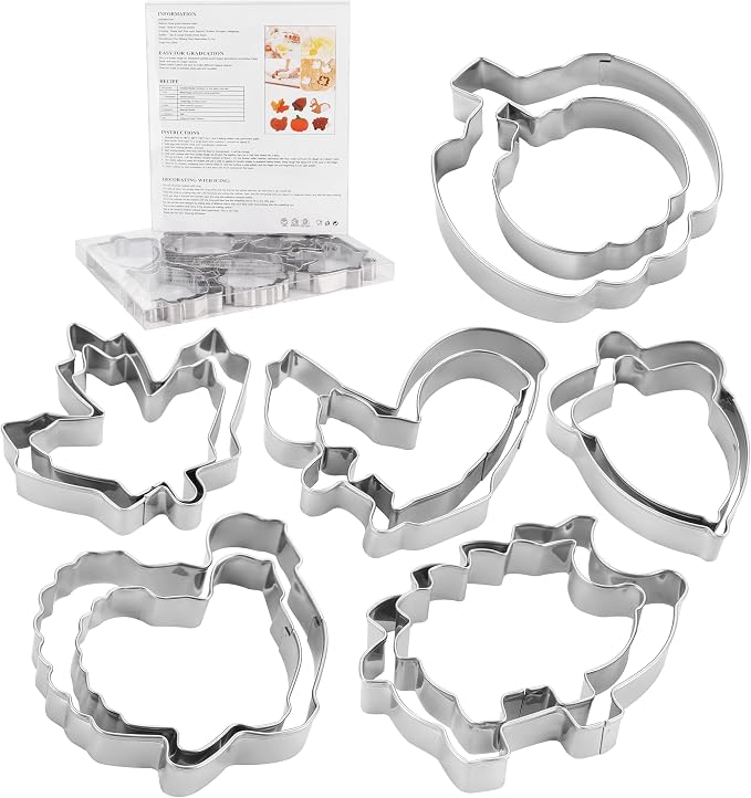 MrCookie Large Fall/Thanksgiving Cookie Cutters,Thickened Stainless Steel | with a recipe instruction for cookies, biscuits and fondant in popular Thanksgiving shapes.