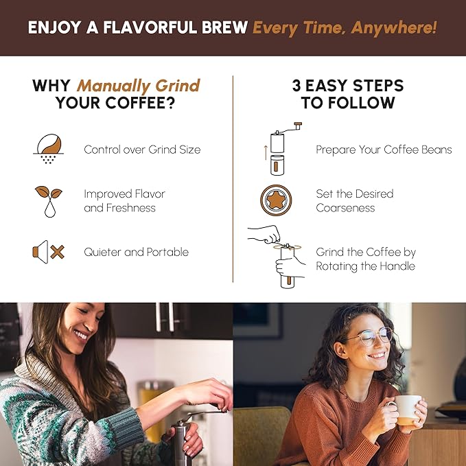 Manual Stainless Steel Coffee Grinder - 18 Adjustable Settings, Portable Conical Burr Grinder for Camping, Travel, Espresso - With Hand Crank