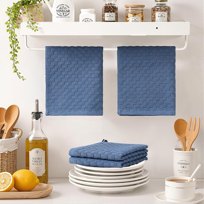 Homaxy 100% Cotton Terry Dish Cloths, 12"x12", 8-Pack, Navy Blue | Ultra Soft Absorbent Dish Towels with Hanging Loop, Pineapple Grid Designed