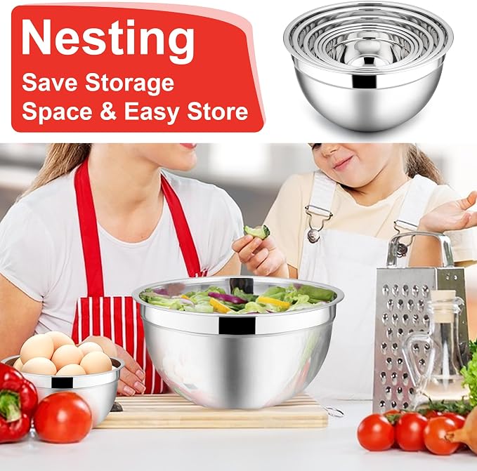 E-far Mixing Bowls with Lids, 12-Piece Stainless Steel Salad Bowls Metal Nesting Bowls for Baking Cooking and Prepping, Airtight Lids & Stackable Design, Size 7, 4.5, 3, 1.5, 1.2, 0.7 QT (Red)