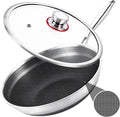 13 Inch Hybrid Nonstick Wok with Lid, Double-Sided Ceramic Coating | Honeycomb Stainless Steel Wok Pan | Long Handle | Induction Compatible | Oven & Dishwasher Safe