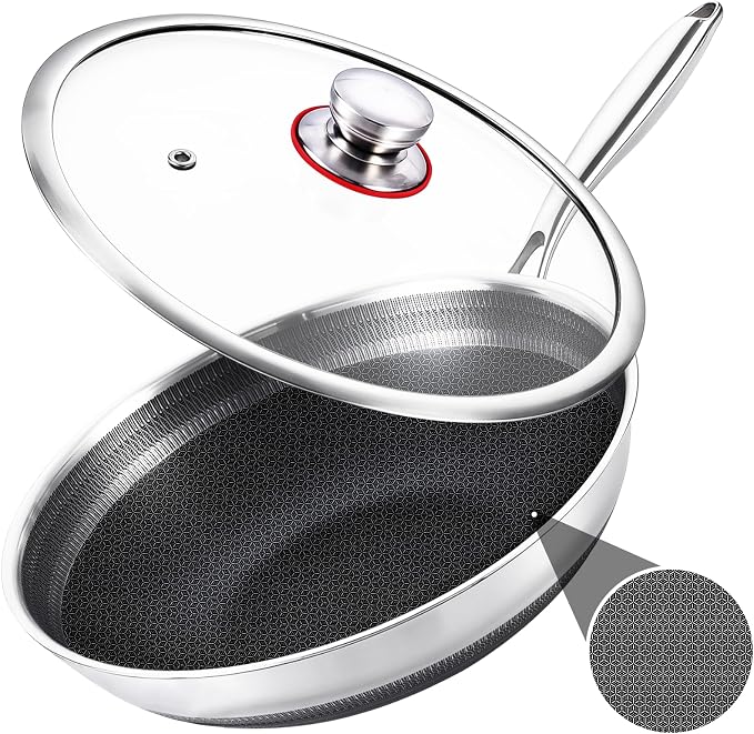 13 Inch Hybrid Nonstick Wok with Lid, Double-Sided Ceramic Coating | Honeycomb Stainless Steel Wok Pan | Long Handle | Induction Compatible | Oven & Dishwasher Safe