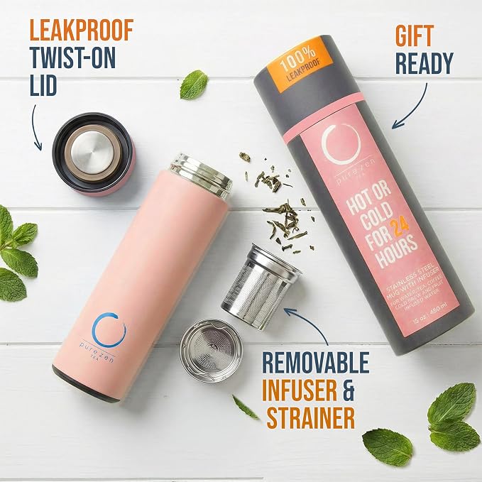 Pure Zen Tea Insulated Tea Infuser Bottle, 15 oz, Tea Thermos with Infuser | Leakproof, Hot and Cold 24 Hrs - for Tea, Coffee and Water, Stainless Steel, Tea Gift Set, Tea Tumbler with Infuser, Pink