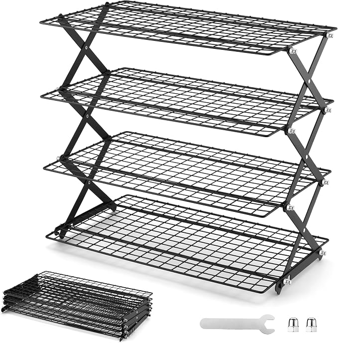 LIANYU 4-Tier Cooling Rack for Baking & Cooking, Collapsible & Space-Saving | Baking Wire Rack for Cooking, Nonstick 4 Adjustable Tiers, 3 Setting Design, Heavy Duty & Non-Toxic, Ideal for Cakes, Cookies