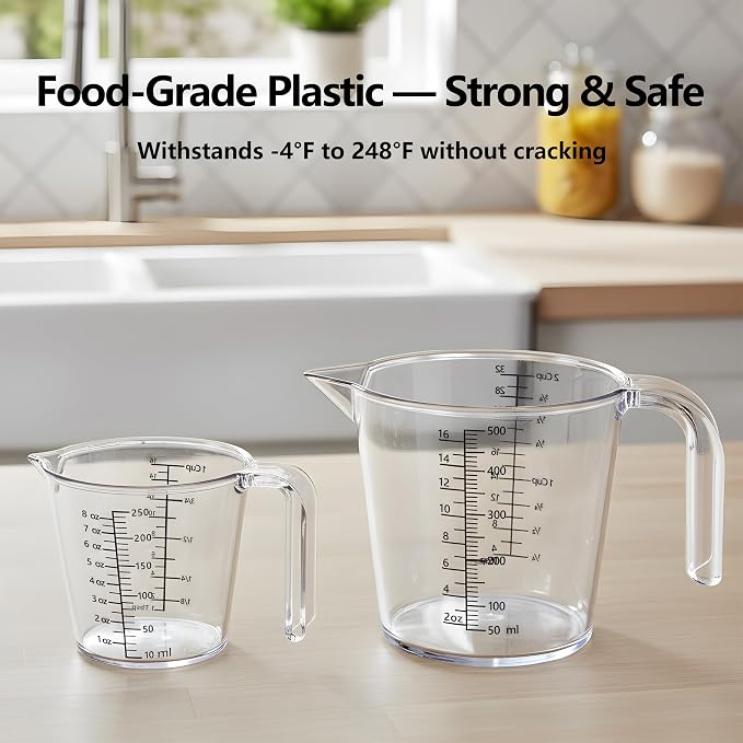 Laser-Etched Measuring Cup Set, 8 oz & 16 oz Clear Plastic Liquid Measuring Cups, Permanent oz/cup/Tbsp/mL Markings, Food-Grade for Baking & Cooking