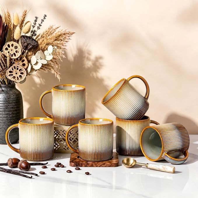 theterra Ceramic Coffee Mugs Set of 6, 14.2 oz Coffee Cups with Handle | Handmade, Suitable for Latte, Tea, Milk, Beer & Hot Cocoa, Dusk Blue