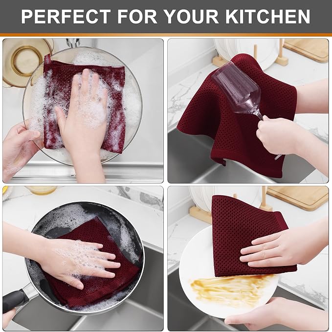 Kitinjoy 100% Cotton Waffle 6-Pack Kitchen Towels, 12" x 12", Burgundy | Ultra Absorbent, Super Soft, lightweight, Quick Drying Dish Rags for Washing Dishes