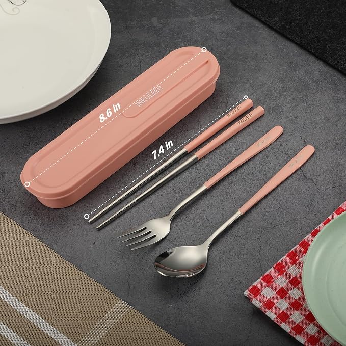 iNKULEER Travel cutlery set, 18/8 stainless steel cutlery, Reusable utensils set with case, Portable Silverware Lunch Box for Camping and Office (Pink)