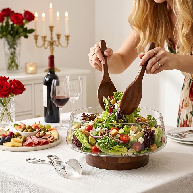 Large Glass Salad Bowl Set with Acacia Wood Base | Salad Bowl Wood Serving Utensils Included for Family Dinners, Parties, Gatherings, Multipurpose Oversize Glass Bowl for Salad