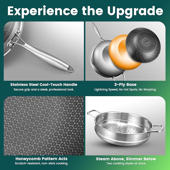 AOSION Hybrid 13 Inch Wok with Steamer, Nonstick Stainless Steel Wok | Wok Pan & Stir-Fry Pans