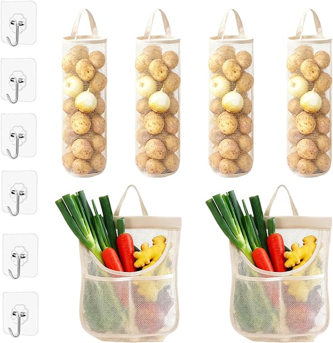 6pcs Reusable Breathable Hanging Storage Mesh Bags | Onion Bags Mesh Garlic Net Bag, Washable Kitchen Storage Holder Bag for Potatoes, Onions, Garlics, Vegetables, Fruit