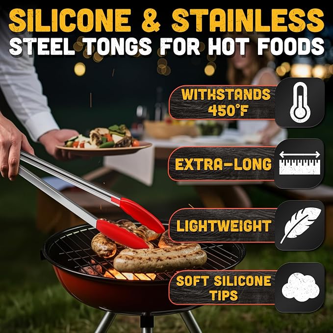 17.3" Extra Long Tongs with Silicone Tip & Stainless Steel Frame | Long Kitchen Tongs with Extended Reach, 3.3 Lb Hold and Storage Lock; for BBQ Grilling, Cooking, Grabbing, Serving and Salad