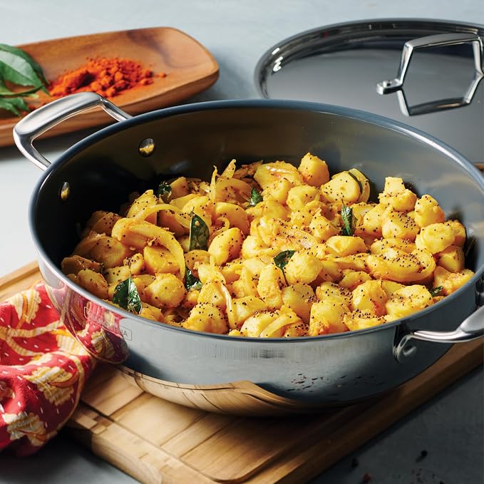 Tramontina Utsava Tri-Ply Clad Stainless Steel 4-Quart Kadai with Lid | Ceramic Non Stick Interior, Induction-Ready Large Kadhai Pot for Indian Cooking