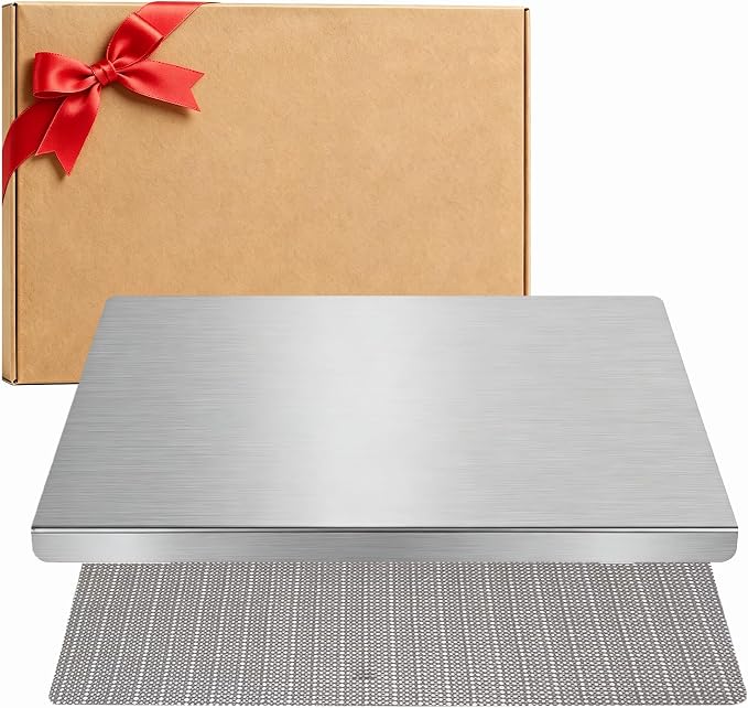 L-Shaped 304 Stainless Steel Cutting Board for Kitchen 15.7×11.8×0.06" Large Metal Chopping Board with Counter Lip Double-Sided for Meat Fruits Vegetables Bread (Box Packaging)