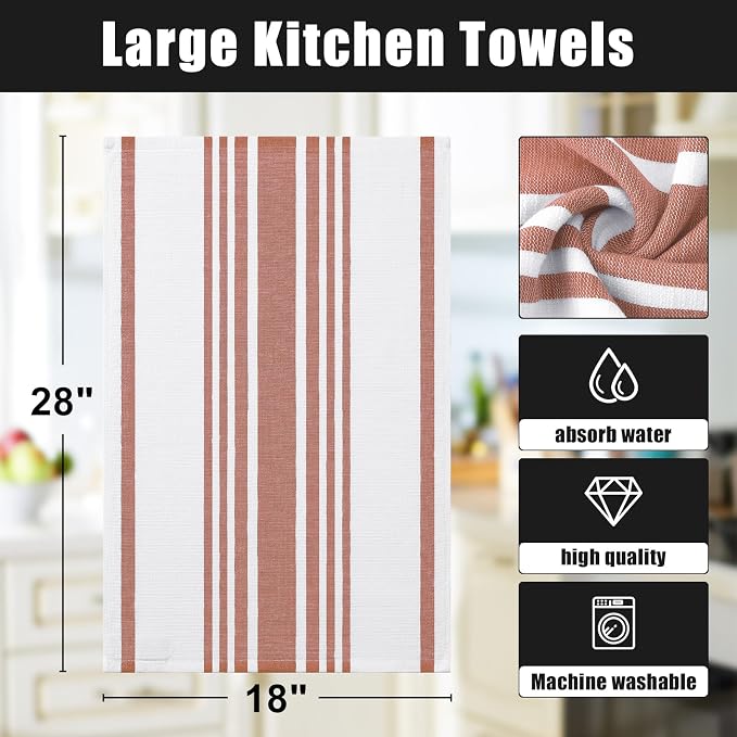 Homaxy Premium Cotton Stripe Kitchen Towels 8 Pack, 18"x 28", Rust | Large 380 GSM Kitchen Hand Towels, Soft Terry Dish Towels, Highly Absorbent Tea Towel Set with Hanging Loop