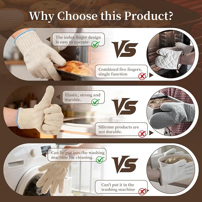 Hovico Heat Resistant Oven Gloves, Ove Glove BBQ Gloves Heat Resistant Cooking Oven Mitts with Fingers Grilling Glove, Full Hand Protection, Grill Gloves for Outdoor Hot Food Handling (Set of 2)