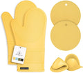 RORECAY Silicone Oven Mitts and Pot Holders Sets, Kitchen Gloves, Yellow | Set of 6 Kitchen Mitts for Baking & Cooking, Heat Resistant 500 ℉, 12.7" Extra Long, Non-Slip & Waterproof, Quilted Cotton