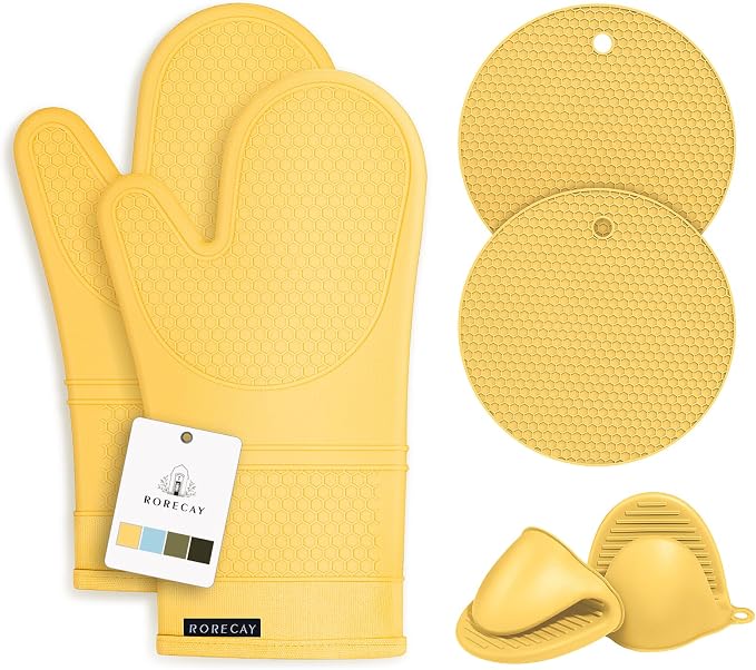 RORECAY Silicone Oven Mitts and Pot Holders Sets, Kitchen Gloves, Yellow | Set of 6 Kitchen Mitts for Baking & Cooking, Heat Resistant 500 ℉, 12.7" Extra Long, Non-Slip & Waterproof, Quilted Cotton