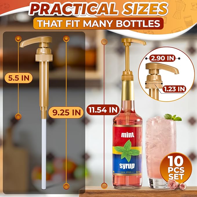 10 Pcs Coffee Syrup Dispenser Pump, Compatible with Torani & Skinny | 25.4 Oz (750ml) Glass Bottles; Precise 0.3 Oz Dispensing; Coffee Bar Accessories, Dirty Soda Bar, & Lemonade Stand Supplies