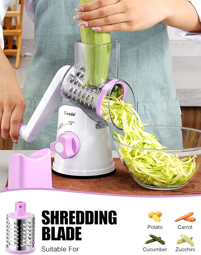 Geedel Rotary Cheese Grater Hand Crank, Cheese Shredder Vegetable Slicer | 3 Blades, 430 Stainless Steel, 12x Fast Cutting, Strong Suction Base, No BPA, Dishwasher Safe, for Cheese, Veggie, Nut