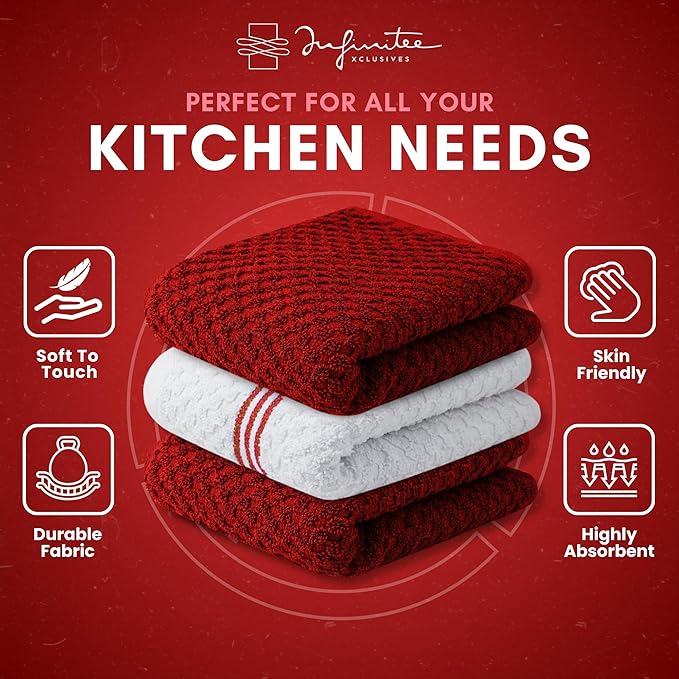 Infinitee Xclusives Kitchen Towels - 3 Pack - Cotton Dish Towel |15" x 25"| | 100% Cotton, Highly Absorbent Tea Towels - Lint Free, Soft, Durable & Quick Dry, Ideal for Drying Dishes & Kitchen Cleaning