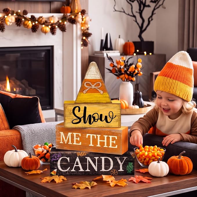 Lineshading 4 Pcs Halloween Table Decoration Candy Corn Wooden Stacked Sign | Rustic Stacked Blocks for Tabletop, Show Me the Candy Theme, Fall Halloween Home Decorations, Tiered Tray Display