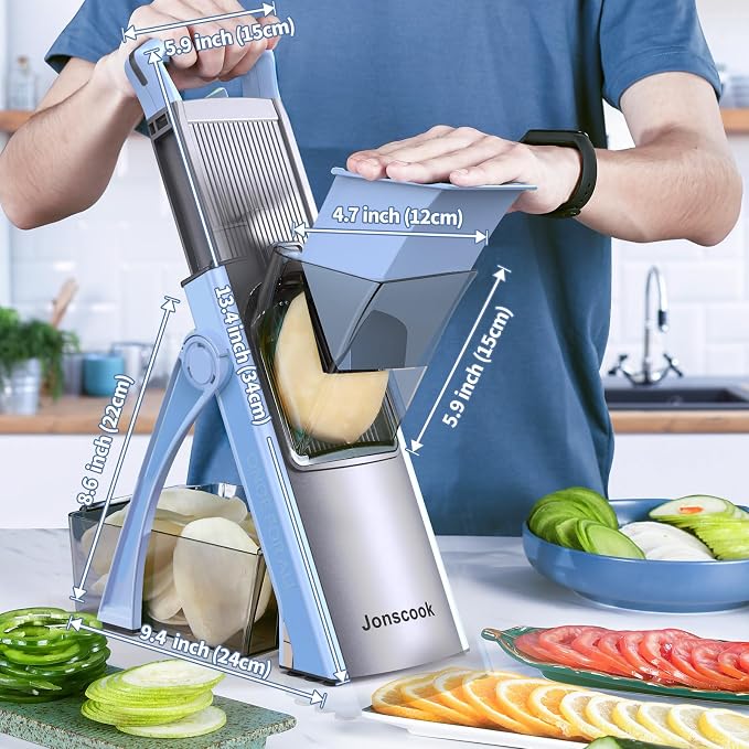 All-in-1 Safe Mandoline Slicer for Kitchen, Food Chopper with Container | 0.1-8mm Thickness Vegetable Chopper, Safe Mandoline Slicer, Potato French Fry Cutter Tomato Apple Slicer Onion (Blue)