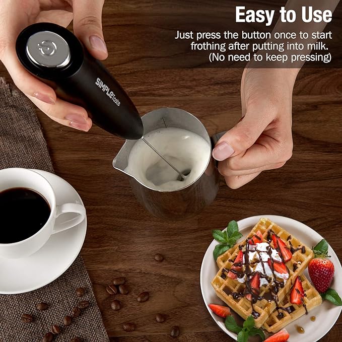 SIMPLETASTE Milk Frother Handheld Electric Foam Maker Battery Operated | Drink Mixer with Stainless Steel Whisk for Cappuccino, Bulletproof Coffee, Latte, Black, with Stand