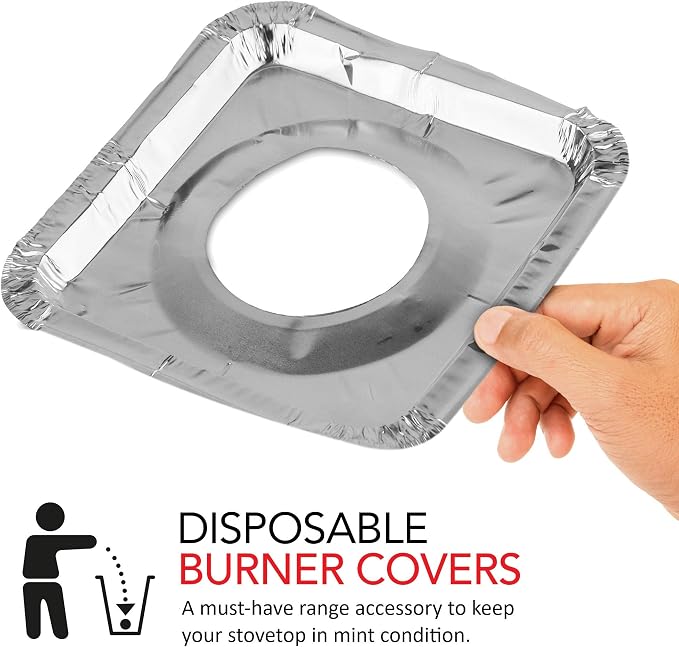 Disposable Gas Burner Liners (100 Pack) Aluminum Foil Square Gas Stove Burner Covers - 8.5 Inch Gas Range Protector, Stove Top Covers for Gas Burners, Foil Liners to Catch Oil, Grease, and Food Spills