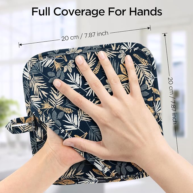 BONTHEE Pot Holders for Kitchen Heat Resistant Hot Pads for Countertops Oven Pot Holders Cotton Potholders for Kitchen Cooking Baking (Blue Leaves)