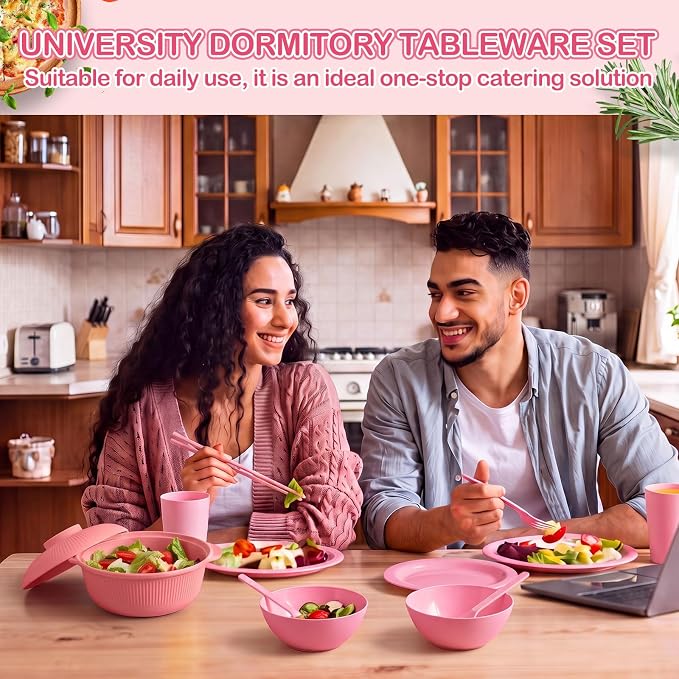 LemonRoad College Dorm Dishes Essential Kit 2 Sets Plastic Plates and Bowls 1 Set 40oz Microwave Cooker Ramen Bowl with Chopstick Spoon Fork Picnic Dinnerware Camping Set for College Dorm Room(Pink)