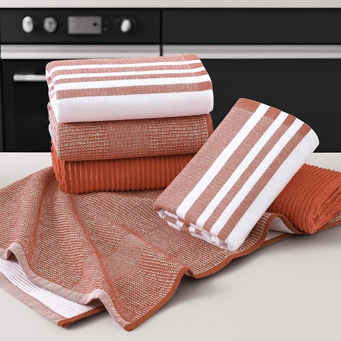 Homaxy Cotton 380 GSM Premium Kitchen Towels, 18"x 28", 6 Pack, Rust | Soft and Absorbent Terry Dish Towels, Multipurpose Tea Towel Set with Hanging Loop, 3 Styles Kitchen Hand Towels