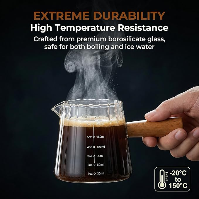 6 oz Espresso Cups With Wood Handle, Espresso Accessories, Ribbed Milk Frothing Pitcher, Glass Measuring Cup, Shot Glass with V-Shaped Mouth, Coffee Bar Epresso Shots Cup