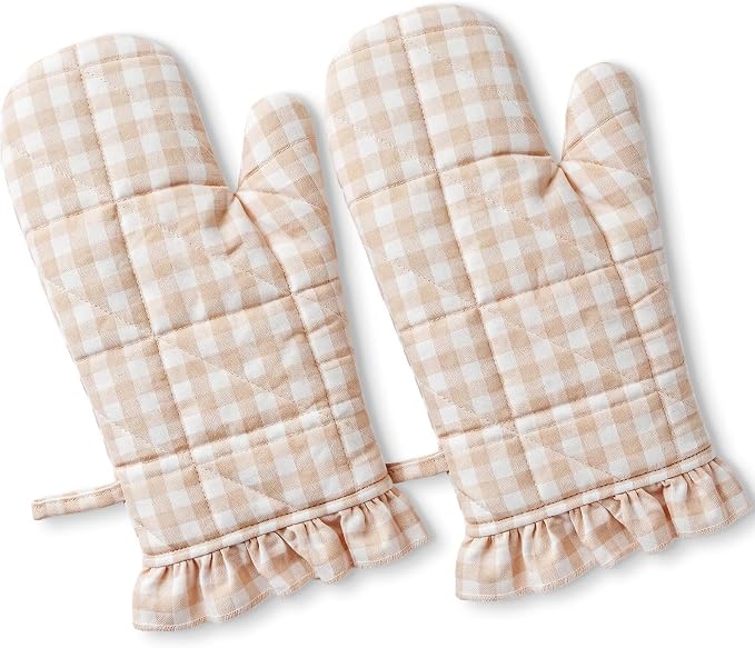 Twistover Checkered Oven Mitts 2-Pack Set, Cotton Gloves,Khaki | 13.5x6.5 Inch Size with Ruffle Trim, Non-slip Heat Resistant for Baking BBQ Microwave, Plaid Cotton for Cooking