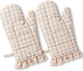 Twistover Checkered Oven Mitts 2-Pack Set, Cotton Gloves,Khaki | 13.5x6.5 Inch Size with Ruffle Trim, Non-slip Heat Resistant for Baking BBQ Microwave, Plaid Cotton for Cooking