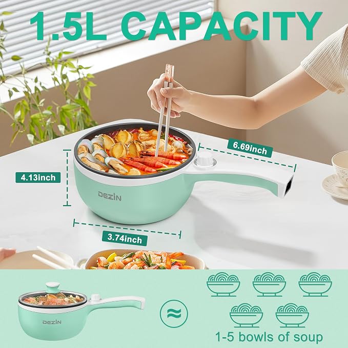 Dezin Hot Pot Electric with Steamer, 1.5L Non-Stick Portable Electric Pot | Dual Power, Upgraded 700W Electric Pot for Cooking Steak, Egg, Oatmeal, Ramen Cooker for Dorm, Travel, RV, Office, Green Pan