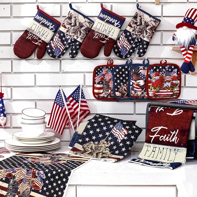 SiliFine 12 Pcs 4th of July Kitchen Decorations Set Patriotic Kitchen Towels Oven Mitts Pot Holders American Flag Themed Cooking Baking Home Accessories for Independence Day Memorial Day