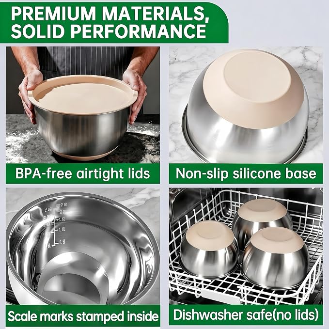 Deedro Mixing Bowls with Airtight Lids, 22Pcs Stainless Steel Mixing Bowls Set, Nesting Bowls with Non-Slip Silicone Base, thicker Metal Bowls for Baking & Prepping, 1.5/2/3/4/5 QT, Khaki