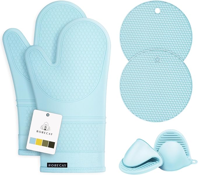 RORECAY Silicone Oven Mitts and Pot Holders Sets, Kitchen Gloves, Sky Blue | Set of 6 Kitchen Mitts for Baking & Cooking, Heat Resistant 500 ℉, 12.7" Extra Long, Non-Slip & Waterproof, Quilted Cotton