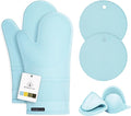 RORECAY Silicone Oven Mitts and Pot Holders Sets, Kitchen Gloves, Sky Blue | Set of 6 Kitchen Mitts for Baking & Cooking, Heat Resistant 500 ℉, 12.7" Extra Long, Non-Slip & Waterproof, Quilted Cotton