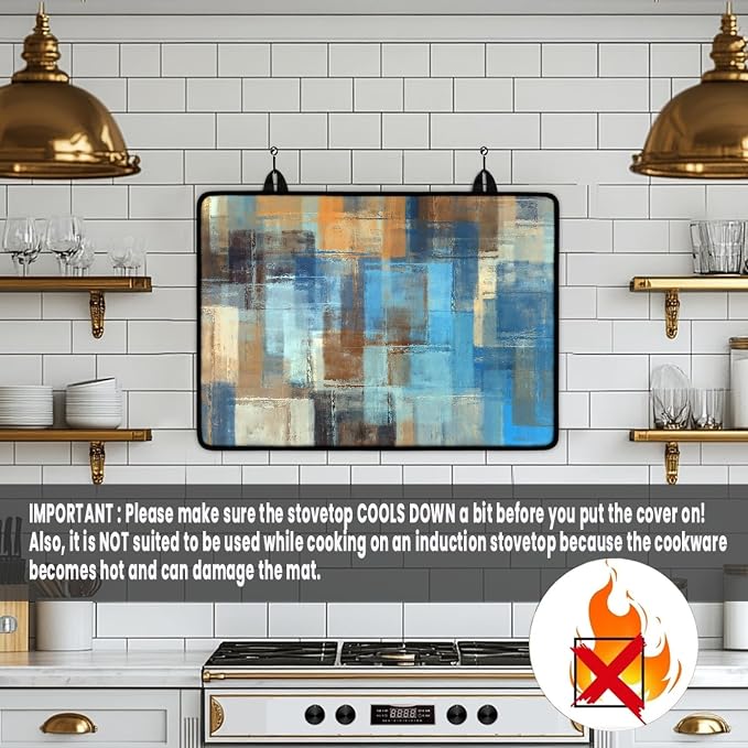 Modern Abstract Art Stove Top Covers for Electric Stove Blue Brown Gradient Painting Geometric Glass Top Gas Stove Pad Heat Resistant Range Cooktop Mat for Kitchen 28"x20"