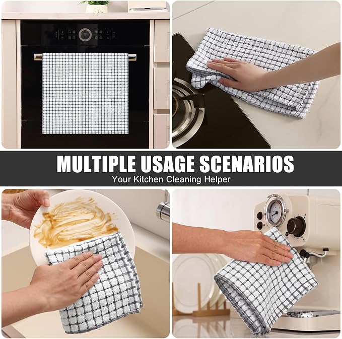 Mordimy Premium Cotton Kitchen Towels 16"x 25", Grey Check Design, 8 Pack | Super Absorbent Terry Kitchen Hand Towels, Large Natural Ring Spun 360 GSM Dish Towels, Soft Tea Towels with Hanging Loop